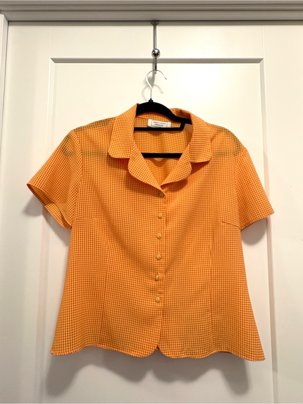 Vintage Orange Gingham Short-Sleeve Button Front Blouse